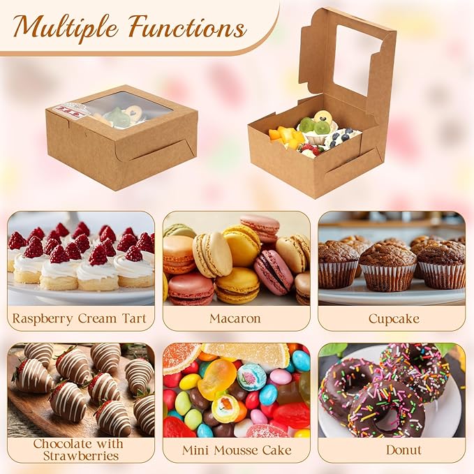 OAMCEG 50 Pack Cookie Boxes with Window, 6x6x3 Inches Brown Bakery Treat Boxes with Stickers & Twine for Pastry, Desserts, Strawberries, Cupcakes, Gift Giving