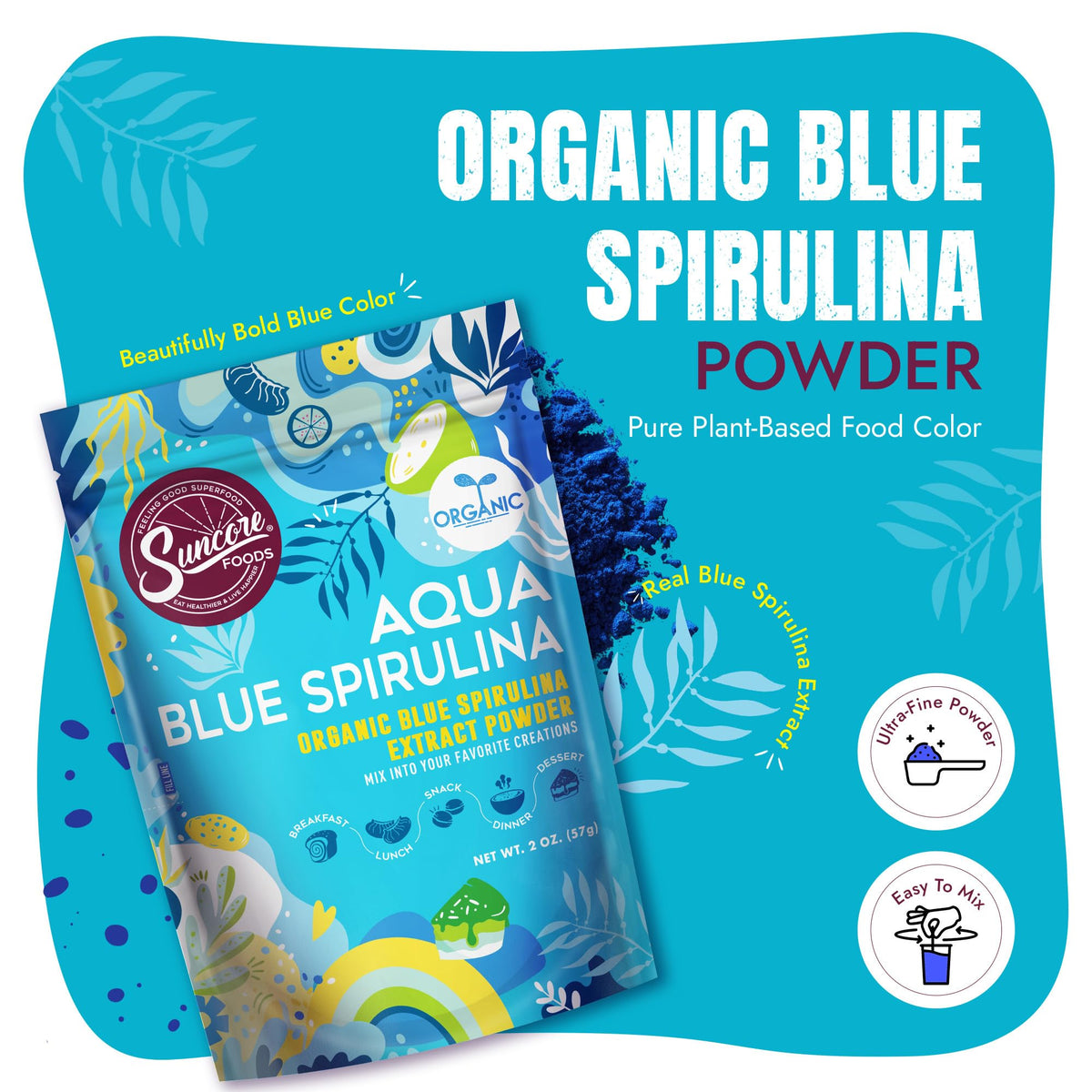 Suncore Foods Organic Blue Spirulina Powder 2 oz | Gluten Free | Vegan