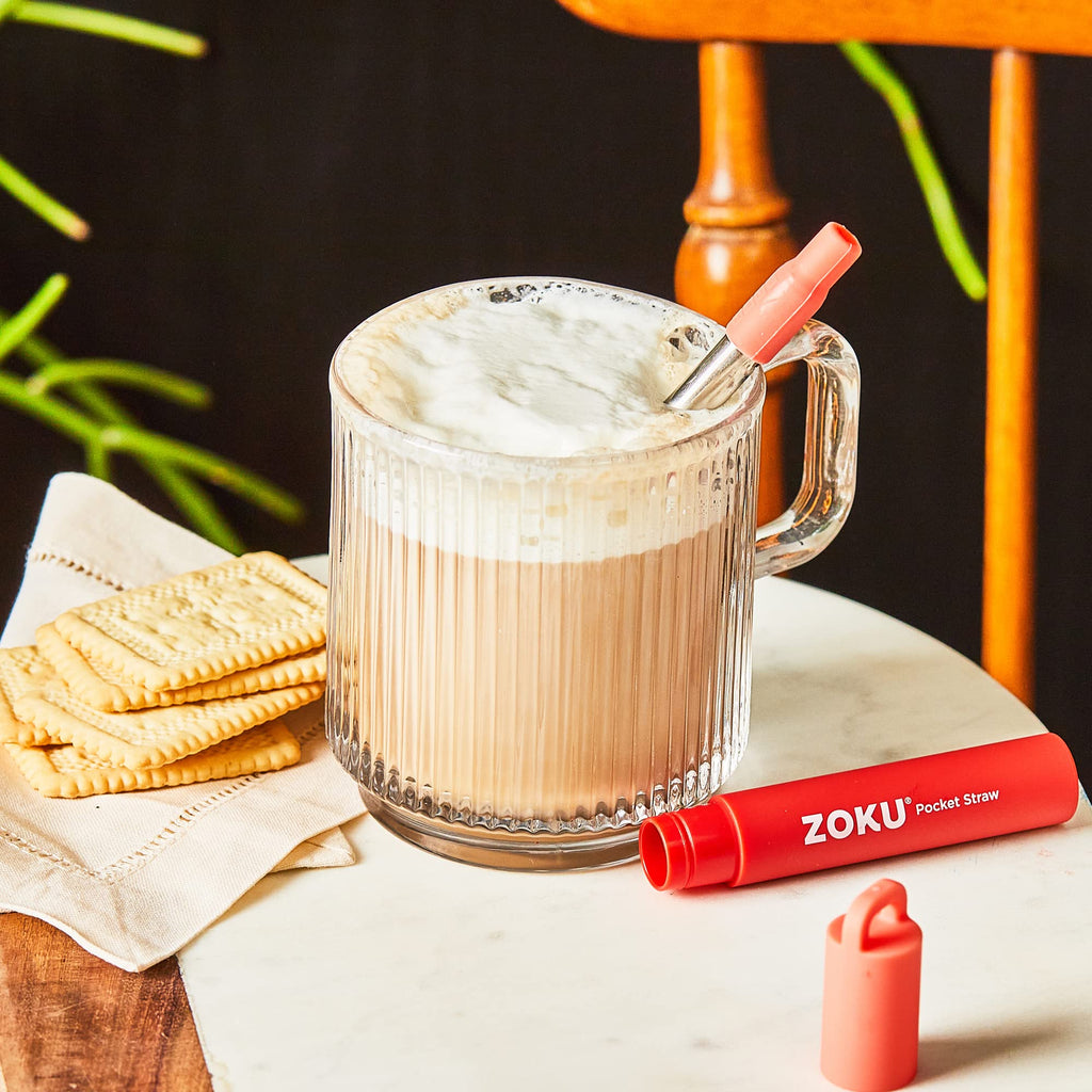 Zoku Reusable Metal Straw with Case, Collapsible Travel Straw - Red