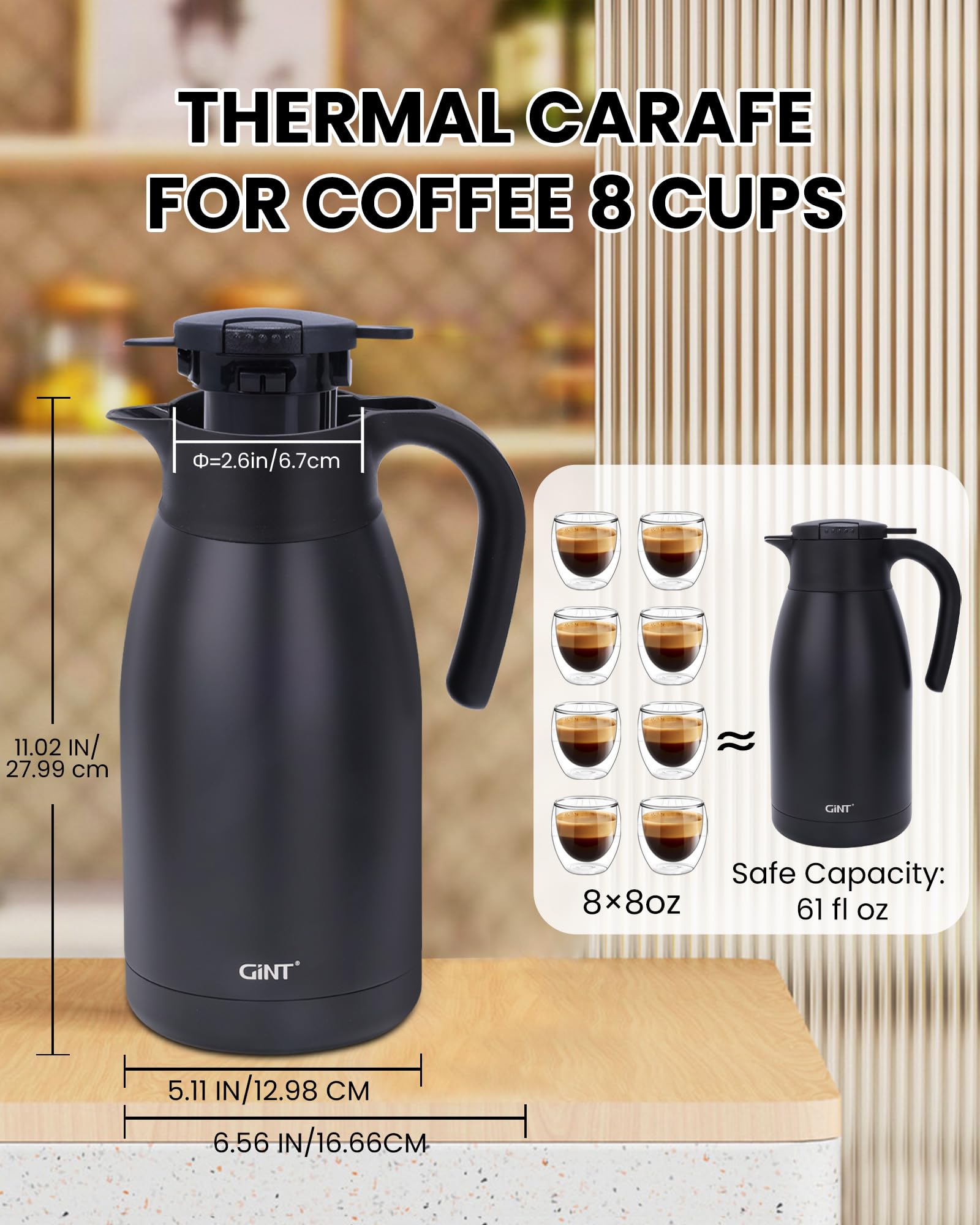 GiNT 1.9L / 64Oz Thermal Coffee Carafe, Insulated Stainless Steel Coffee Carafes for Keeping Hot/Double Walled Vacuum Thermal Carafe (Black)