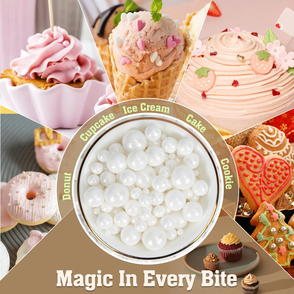 Twisweet White Pearl Sprinkles for Cake Decorating, Edible Sugar Pearls for Baking, Mix Size, Cake Topper Cupcake Cookie Ice Cream Dessert Decorations, Valentines Birthday Christmas Wedding Supplies (130g/4.58oz)