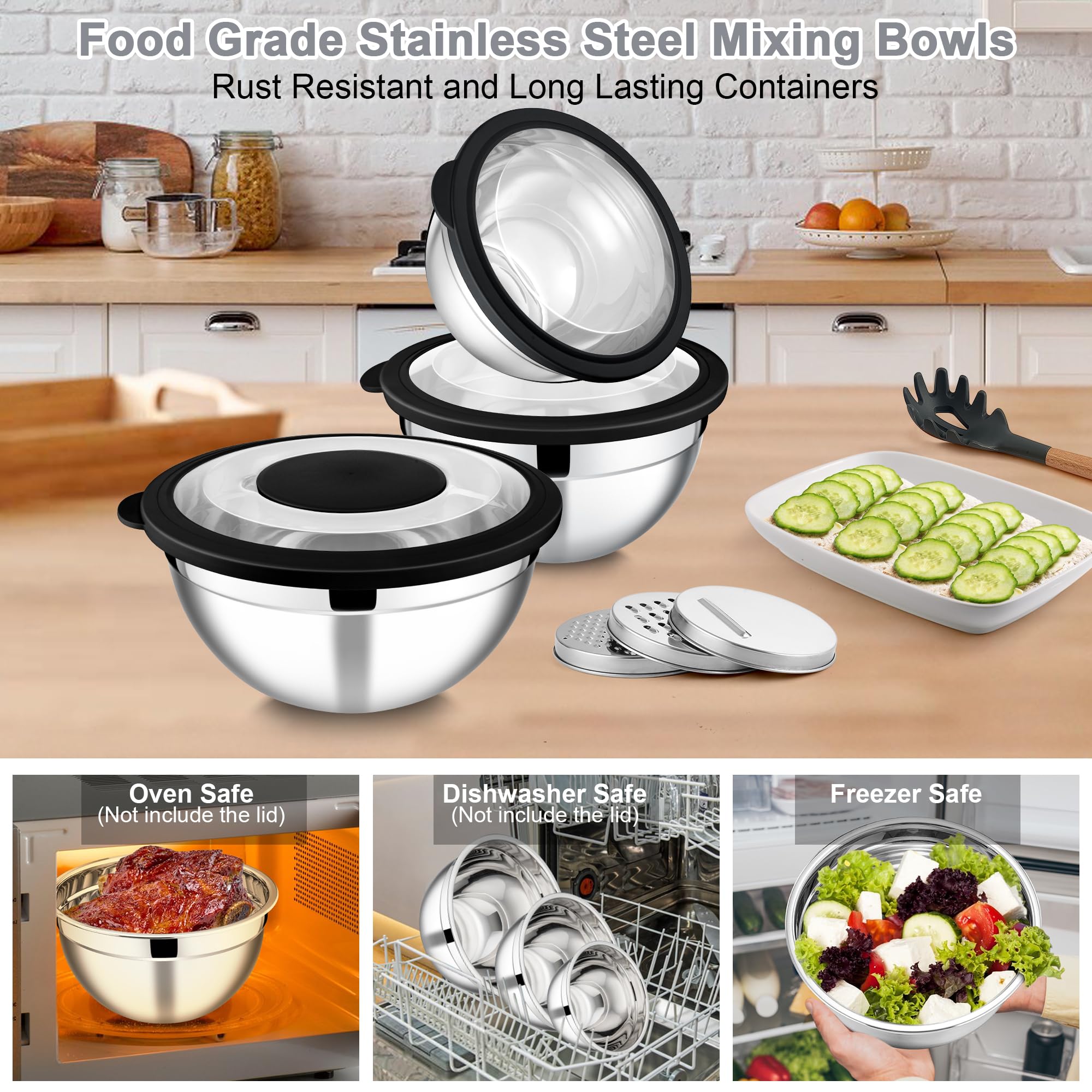 E-far Mixing Bowls with Lids and Graters, Stainless Steel Salad Mixing Bowl with Transparent Lid Set of 3, Metal Nesting Salad Storage for Kitchen Prepping/Serving/Baking, 4.6/2.6/1.5QT - Black