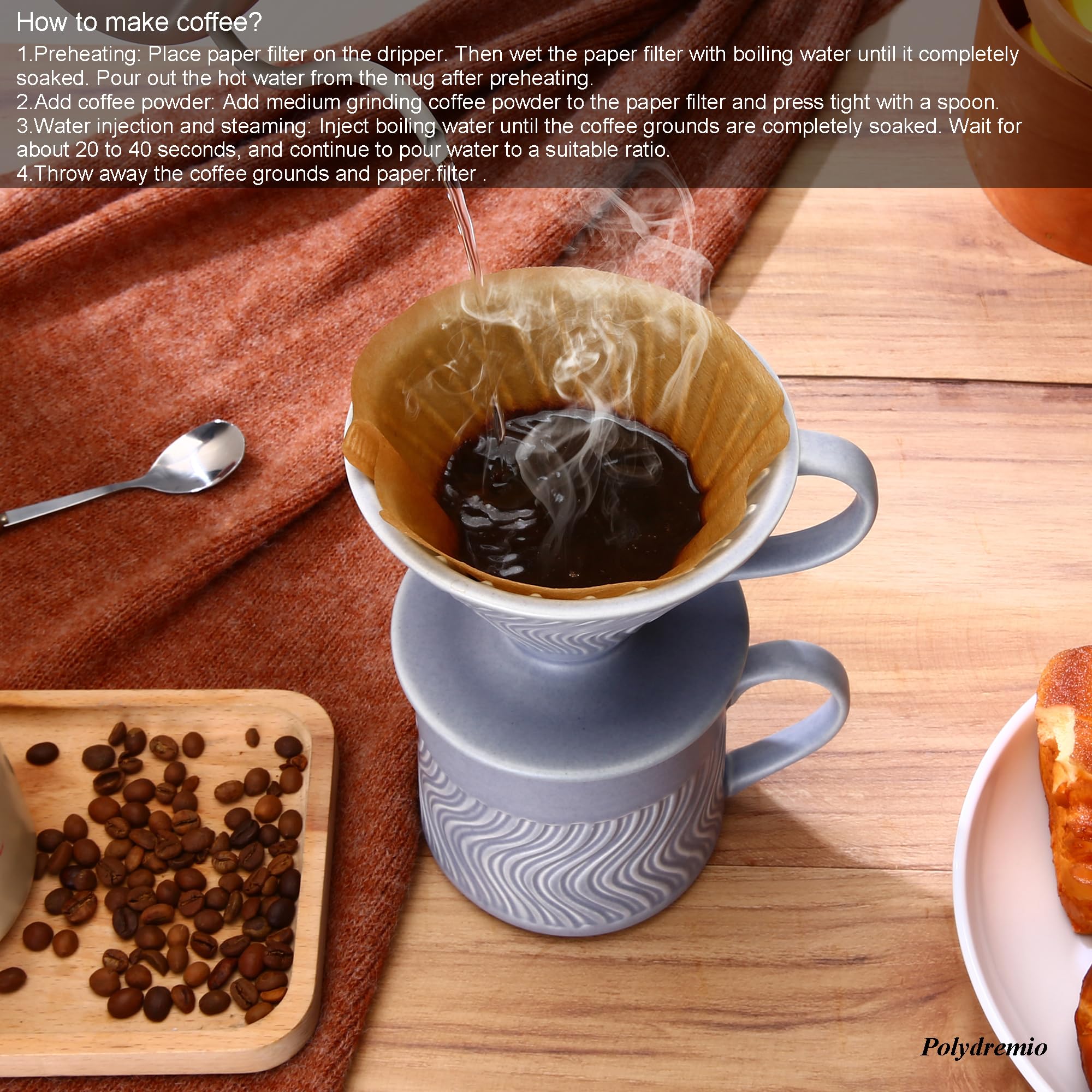 Polydremio Pour Over Coffee Maker with 100 Sheets of Paper Filter, 15 oz Ceramic Coffee Mug & Ceramic Coffee Dripper, 1 Cup-Single brew coffee set, Purple