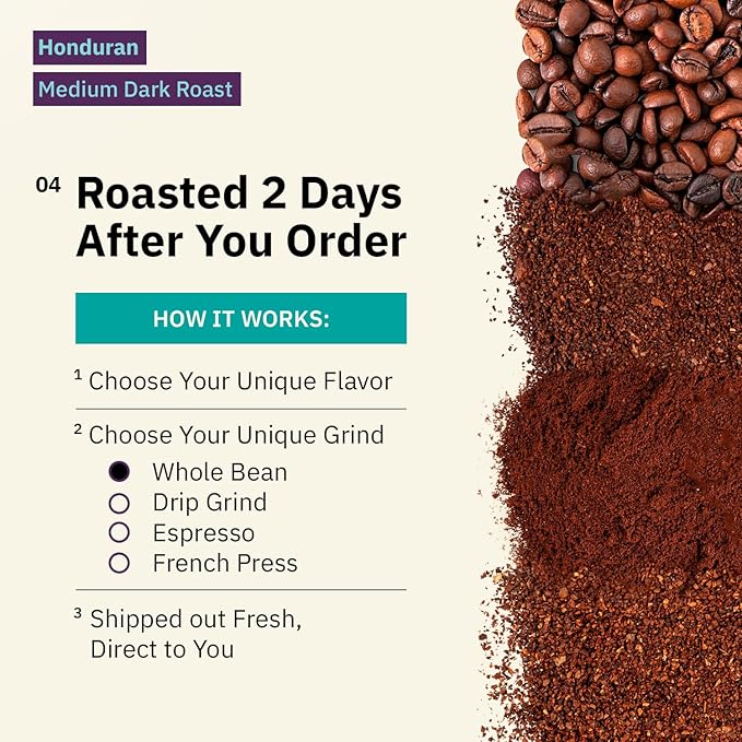 Organic Honduran Whole Bean Medium Dark Roast - 12oz, Single Origin Arabica Beans, Fair Trade Specialty Coffee