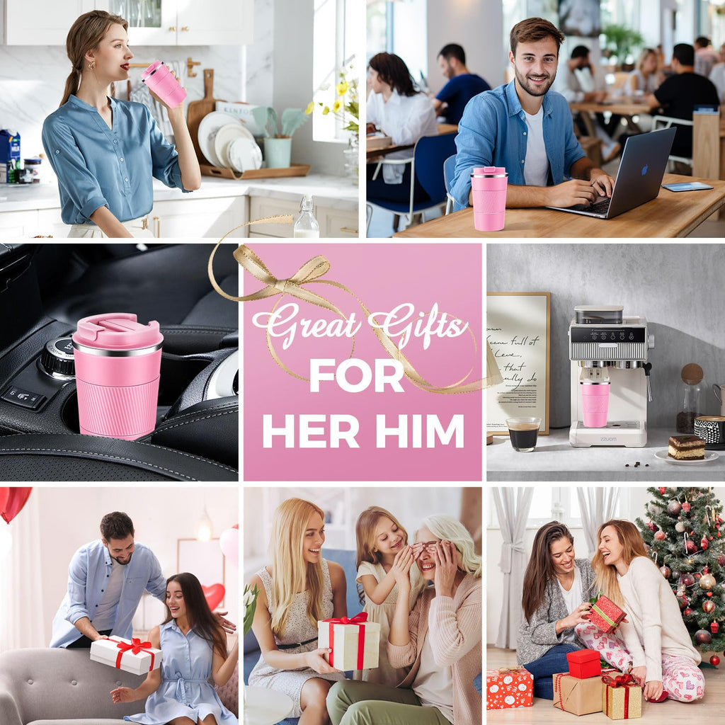 Volhoply 13 oz Stainless Steel Insulated Travel Coffee Mug with Fip Lid Bulk 4 Pack,Reusable Double Wall Vacuum Metal Coffee Cup,Portable Leak Proof Thermal Tumbler for Hot & Cold Drinks(Pink,4)