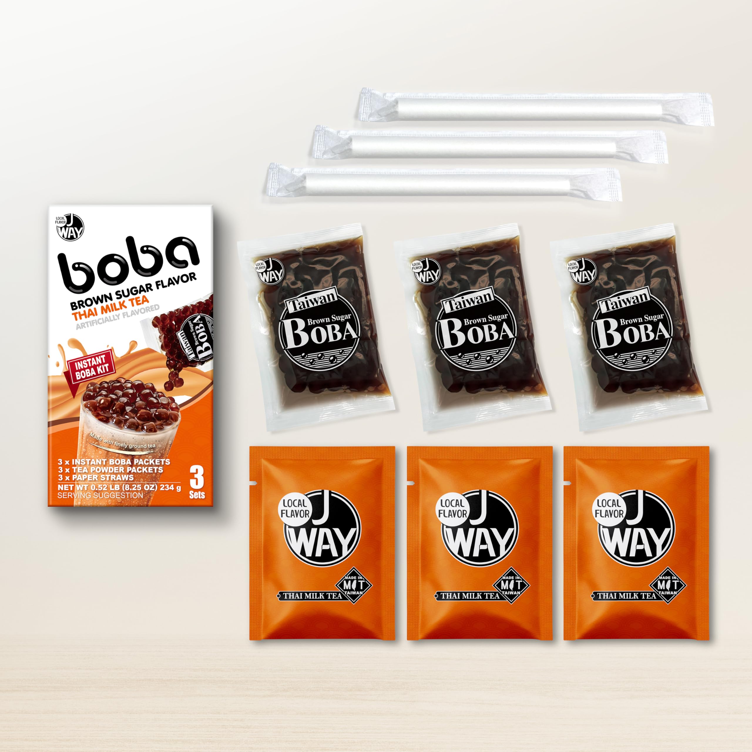 JWAY Instant Thai Milk Boba Tea Kit with Authentic Brown Sugar Tapioca Boba Pearls, Bubble Milk Tea Boba Set, Ready in Under 1 Minute, Paper Straws Included, 3 Servings