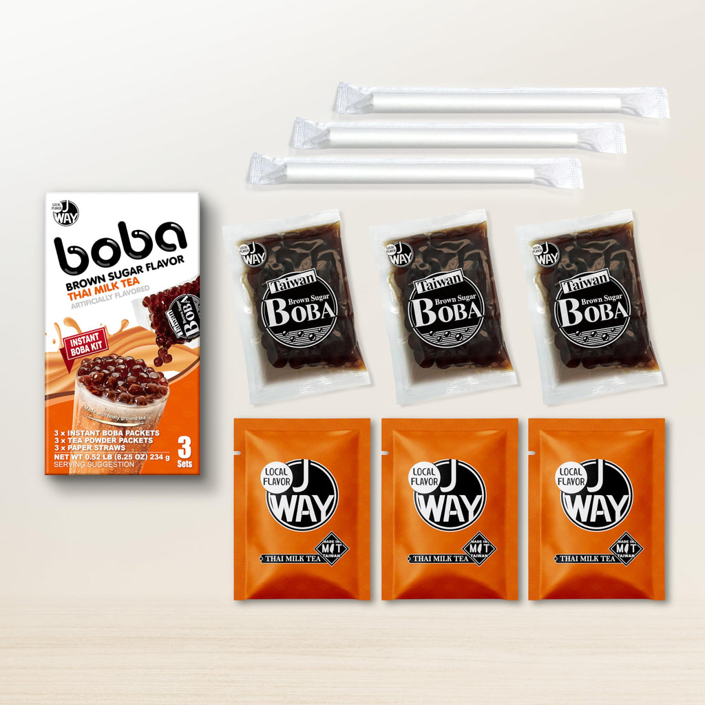 JWAY Instant Thai Milk Boba Tea Kit with Authentic Brown Sugar Tapioca Boba Pearls, Bubble Milk Tea Boba Set, Ready in Under 1 Minute, Paper Straws Included, 3 Servings