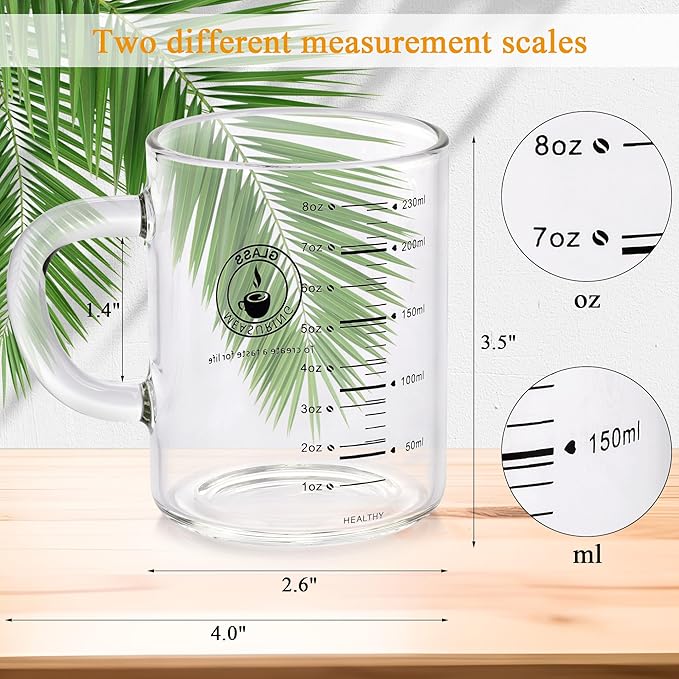 8 Oz Glass Measuring Cup, Espresso Shot Glasses, Clear Coffee Mugs for Hot or Cold Drinks With Handle, Microwave Safe Graduated High Borosilicate Cup (Black)