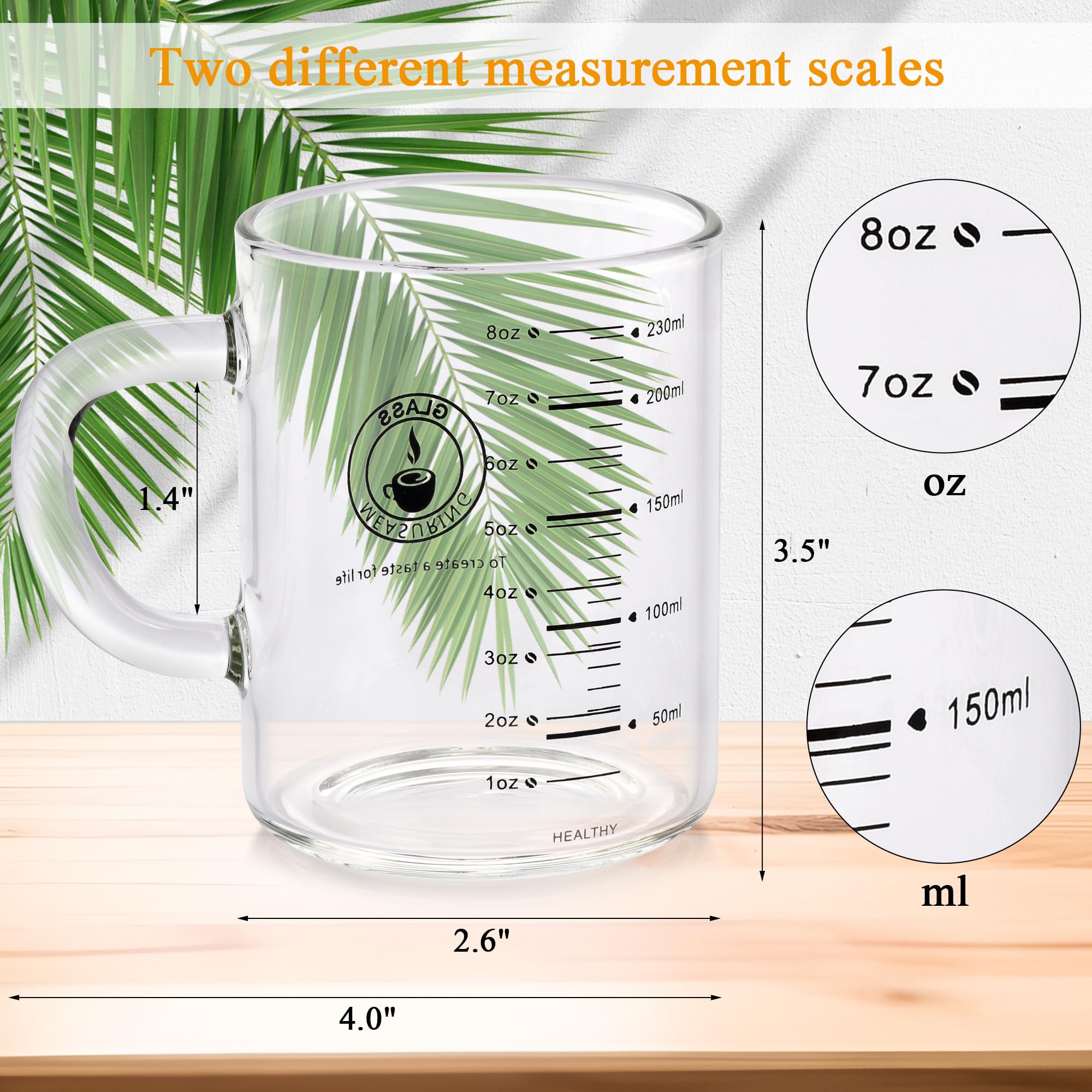 8 Oz Glass Measuring Cup, Espresso Shot Glasses, Clear Coffee Mugs for Hot or Cold Drinks With Handle, Microwave Safe Graduated High Borosilicate Cup (Black)