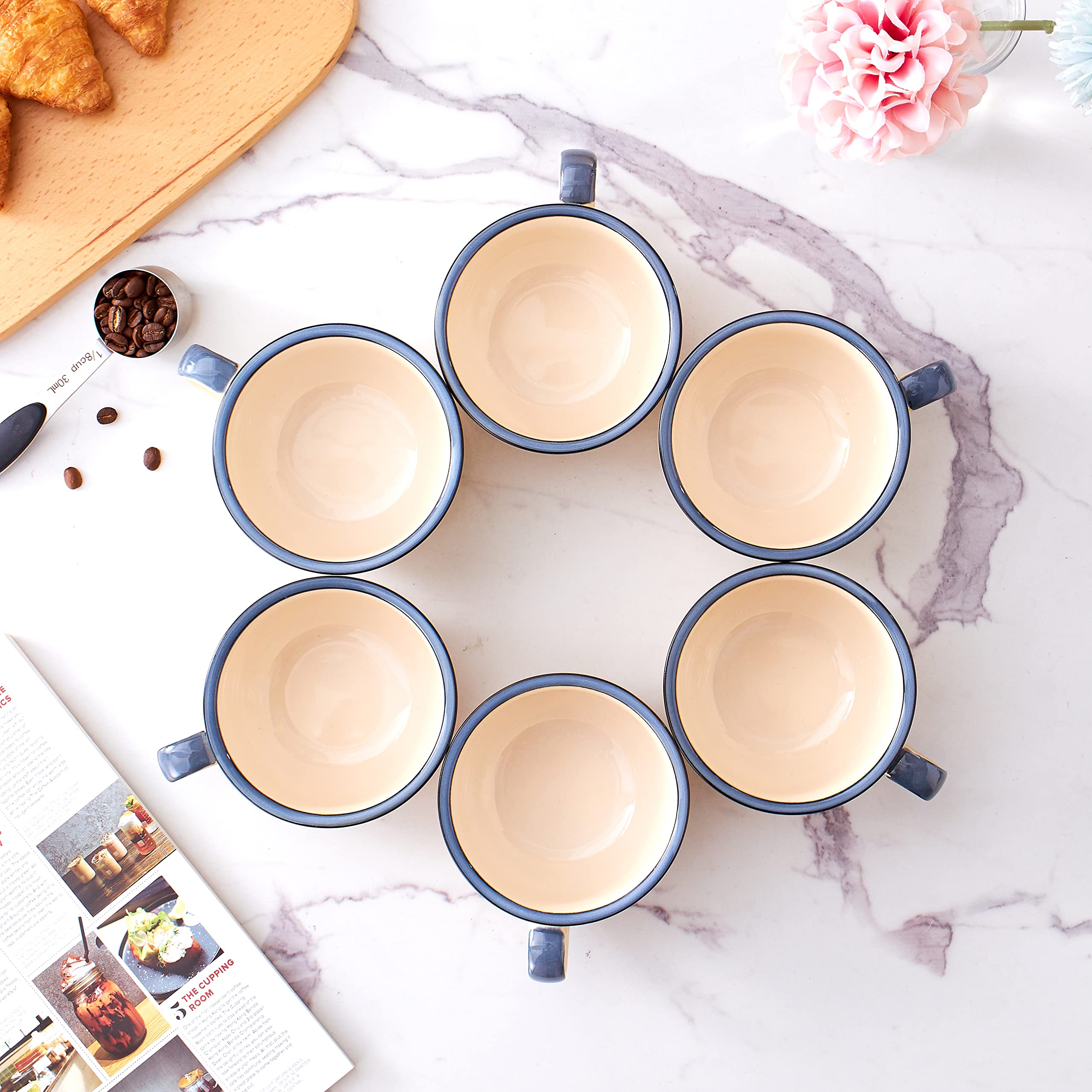 Coffeezone Set of 6 Cups Vintage Design 12 oz Professional Barista Ceramic Latte Art Cappuccino Cups Set (Beige * 6)