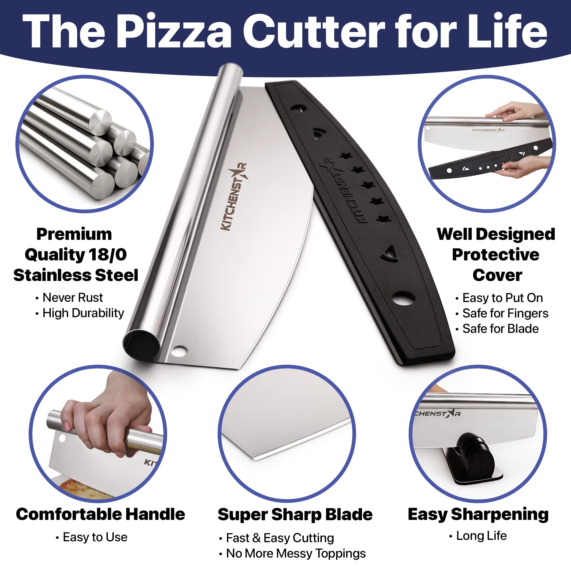 18-Inch Pizza Cutter Rocker Blade, 304 Stainless Steel Slicer Knife, Silver