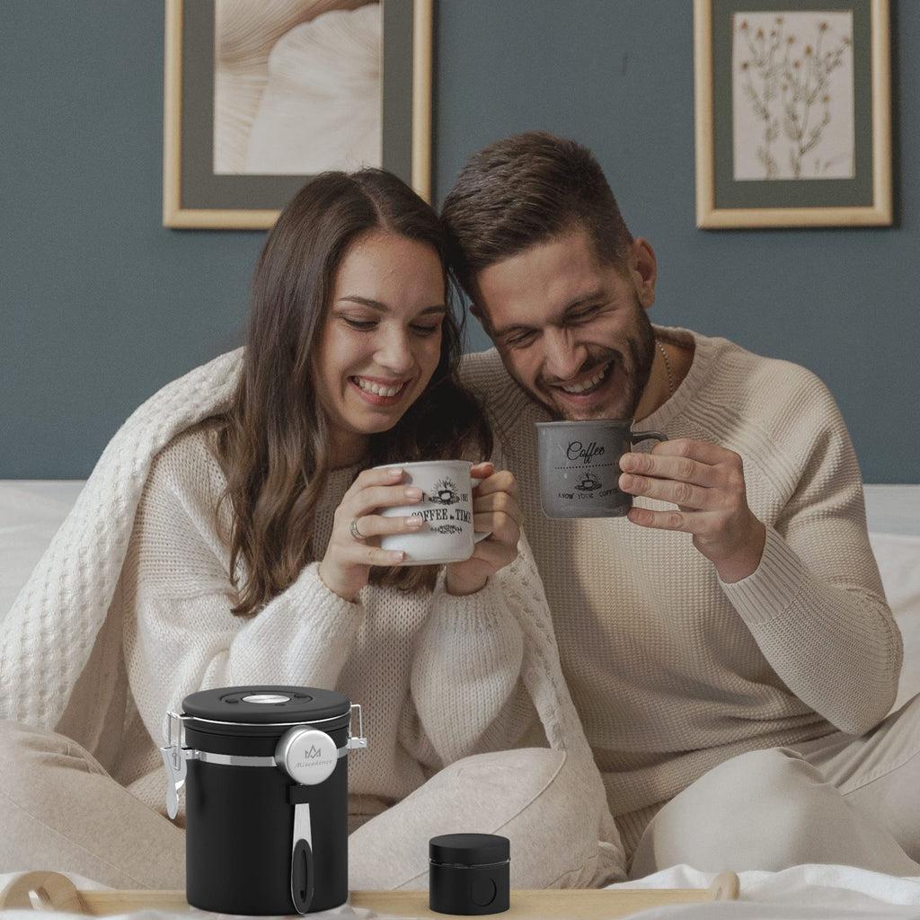 Miscedence Coffee canister set for ground coffee with Date Tracker,Co2 Valve,Travel jar,Stainless Steel Kitchen Food Airtight storage container for Coffee Beans or Grounds,Tea,Sugar (16oz-Black)