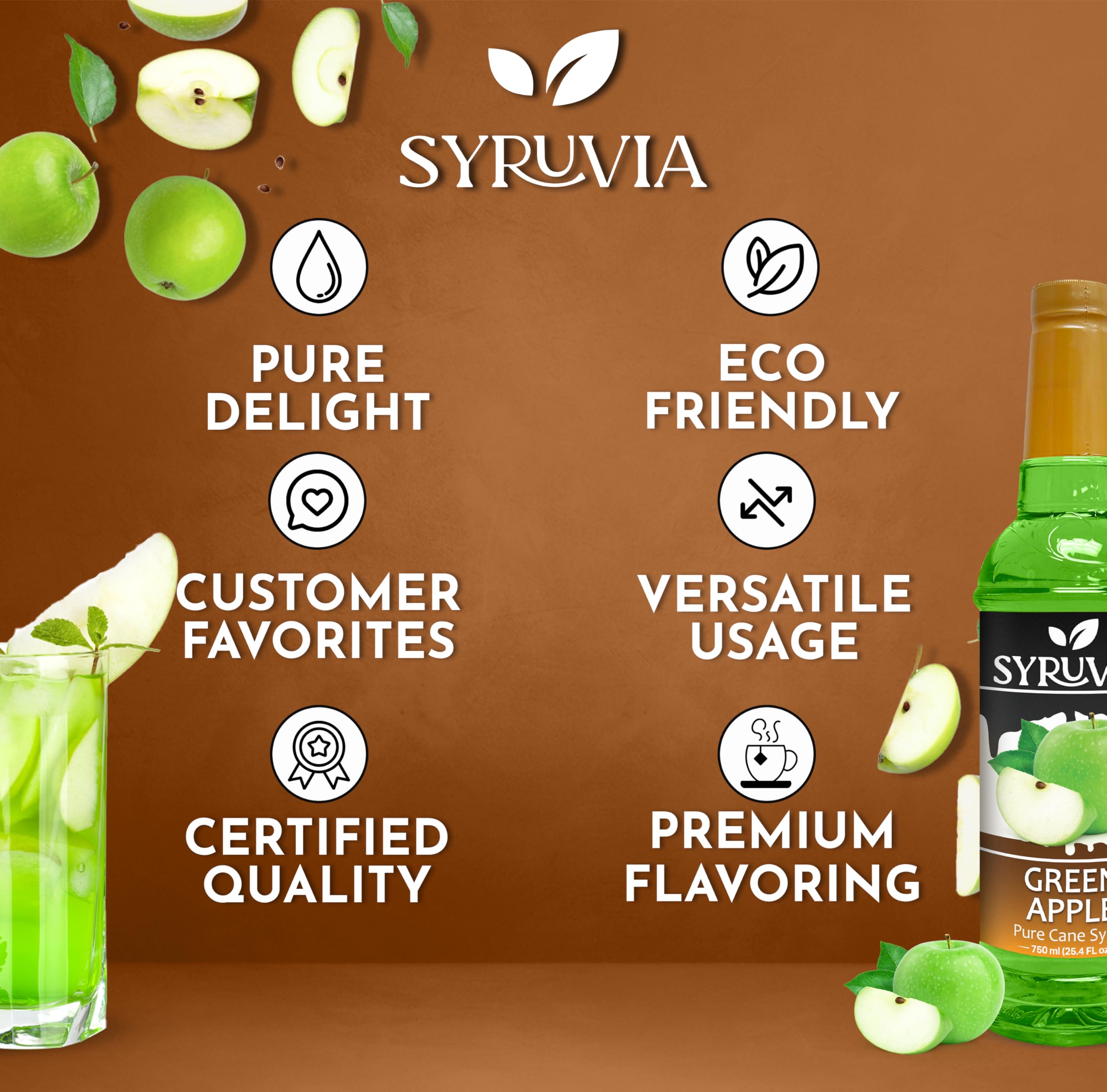 Syruvia Green Apple Syrup, Flavored Syrup for Cocktails, Fruit Drinks, Lemonades, and Desserts – 25.4 fl oz