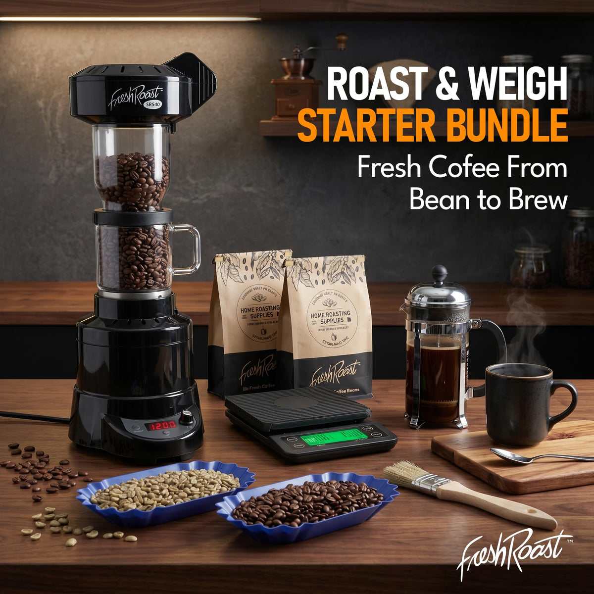 Fresh Roast SR540 Coffee Roaster Bundle with Glass Extension Tube, Digital Coffee Scale & Green Coffee Beans