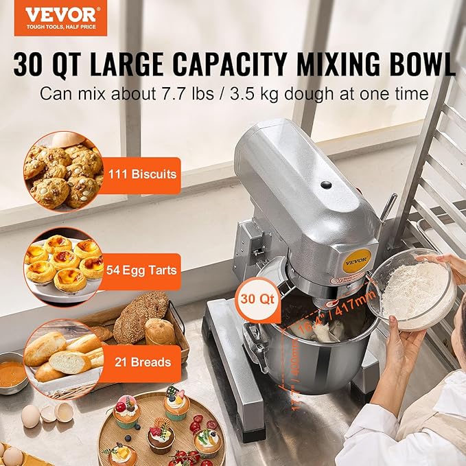 VEVOR Commercial Mixer 30Qt, Commercial Food Mixer Stainless Steel Bowl, 1100W Commercial Stand Mixer with 3 Speeds Adjustable, Dough Hook Whisk Beater Included, Perfect for Bakery Pizzeria, Silver