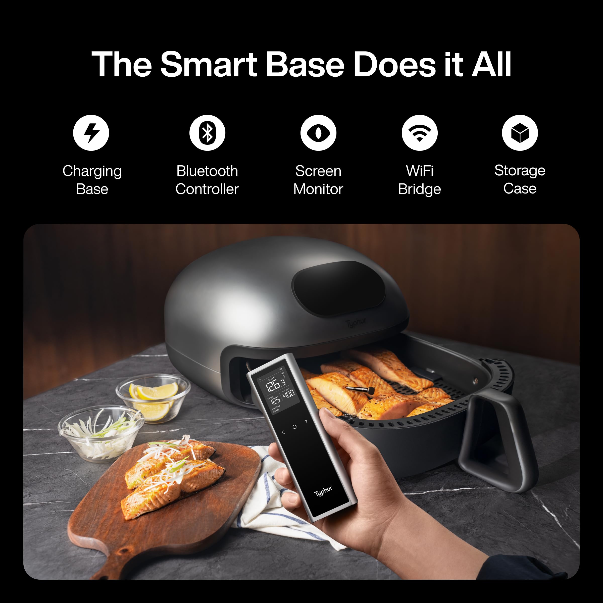 Typhur Sync One Smart Wireless Meat Thermometer: Standalone Base with LCD Display, Unlimited WiFi & Bluetooth Range, Enhanced Signal Stability for BBQ, Grill, Oven, and Smoker