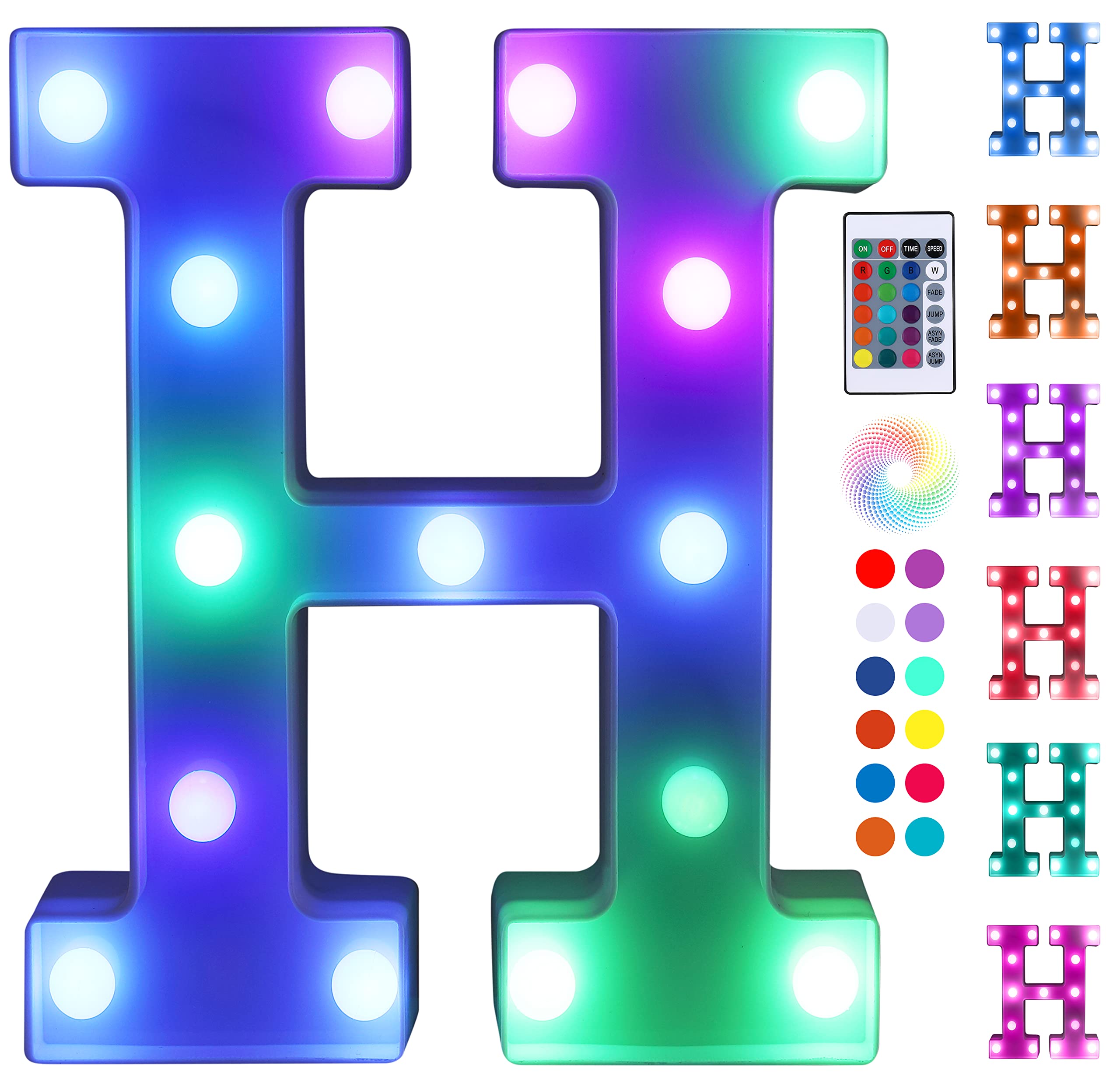 Foaky Colorful LED Letter Lights with Remote,Marquee Light Up Letters Sign for Night Light Wedding/Birthday Party Battery Powered Christmas Lamp Home Bar Decoration(H)