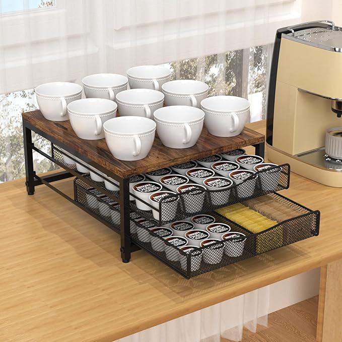 VyGrow Coffee Pod Holder For Counter, Wooden K Cup Holder with Double Layer Sliding Drawer, Large Capacity Coffee Pod Storage for Coffee Station, Home, Office, Kitchen