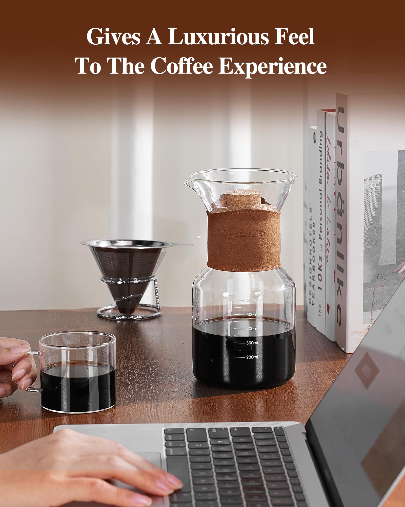 Pour Over Coffee Maker with Double-Layer Stainless Steel Filter, 20 oz Pour Over Coffee Dripper, Glass Carafe with Vintage Leather Collar and Cork Lid & Filter Stand for Espresso