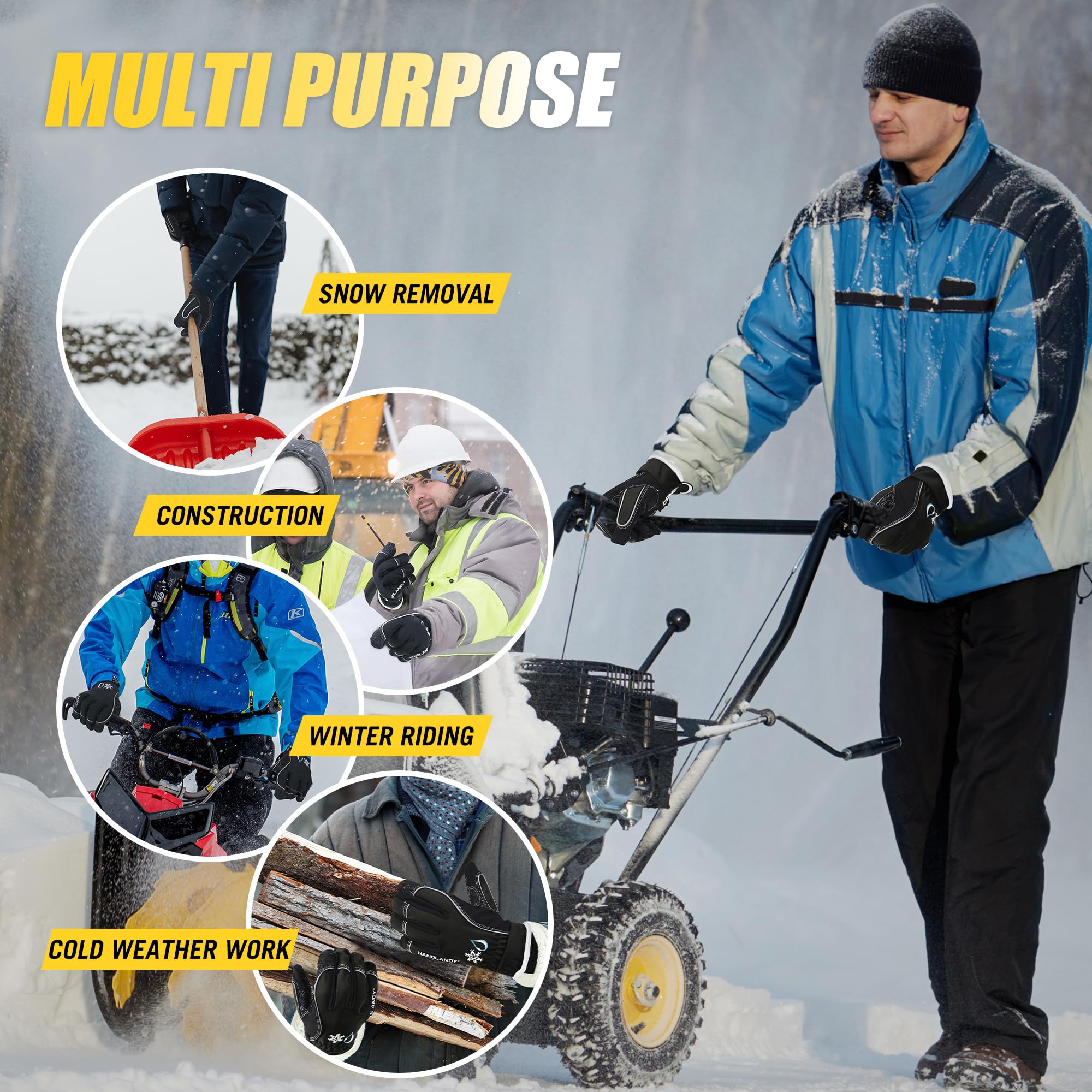 HANDLANDY Winter Work Gloves, 3M Thinsulate Waterproof Insulated Gloves, Warm Ski Glove for Shoveling Snow Outdoor, Gifts for Men Women