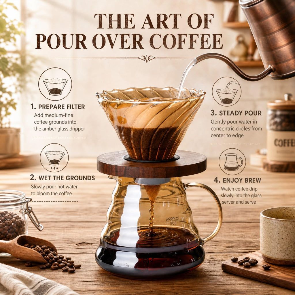 CHDEXU Pour Over Coffee Maker Set 20 oz, 600 ml Borosilicate Glass Coffee Server with Glass Lid, 50 pcs Paper Filter, Walnut Handle Pour Over Coffee Dripper for Home Café Restaurant, Gold
