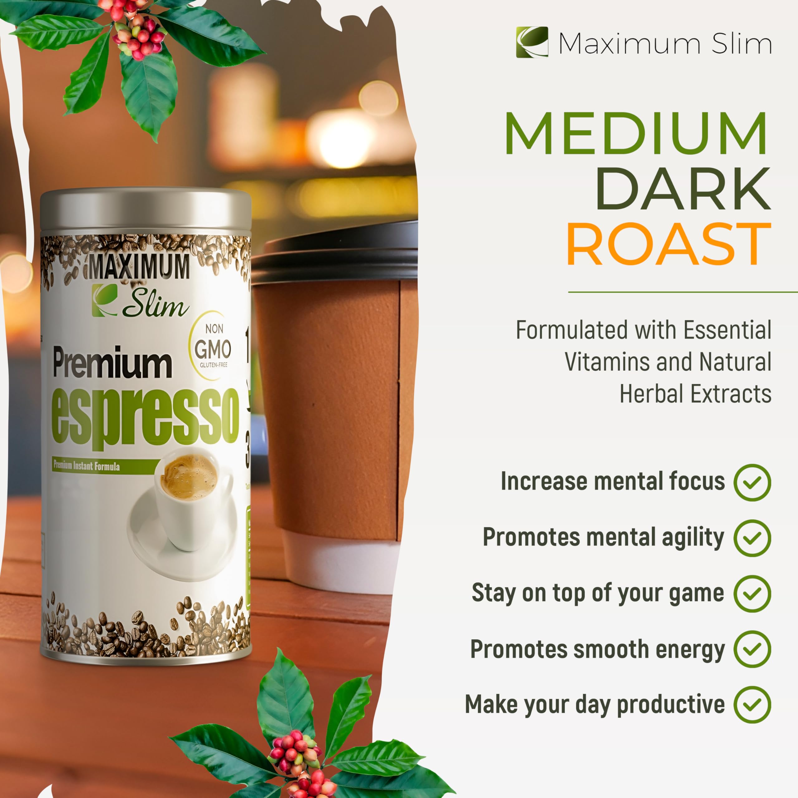 Maximum Slim Premio Instant Espresso Powder – Bold & Rich Flavor 100% Arabica Beans - Non-GMO, Gluten-Free – Premium Medium Roast Coffee 14.1 oz Resealable Jar = Café Instantáneo