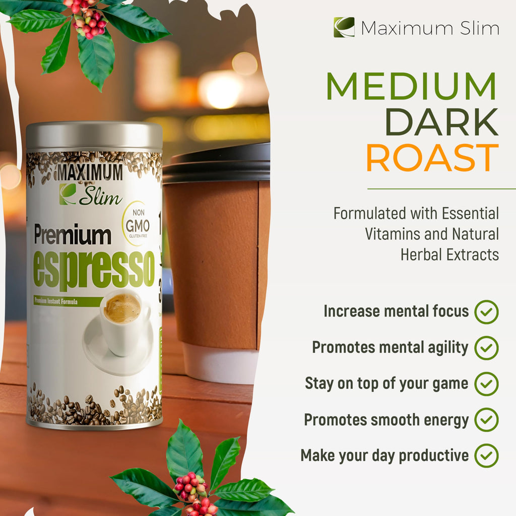 Maximum Slim Premio Instant Espresso Powder – Bold & Rich Flavor 100% Arabica Beans - Non-GMO, Gluten-Free – Premium Medium Roast Coffee 14.1 oz Resealable Jar = Café Instantáneo