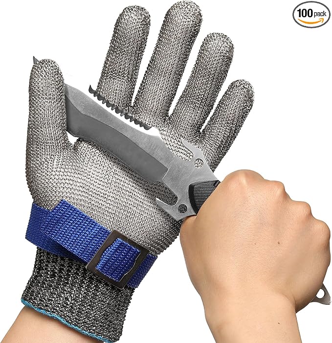 SlicePro ANSI A9 Cut Resistant Glove PR1706, Stainless Steel Mesh Metal Glove, Food Grade for Kitchen Cooking, Butcher Meat Cutting, Oyster Shucking, Mandoline, Fishing (M, 50 pairs)