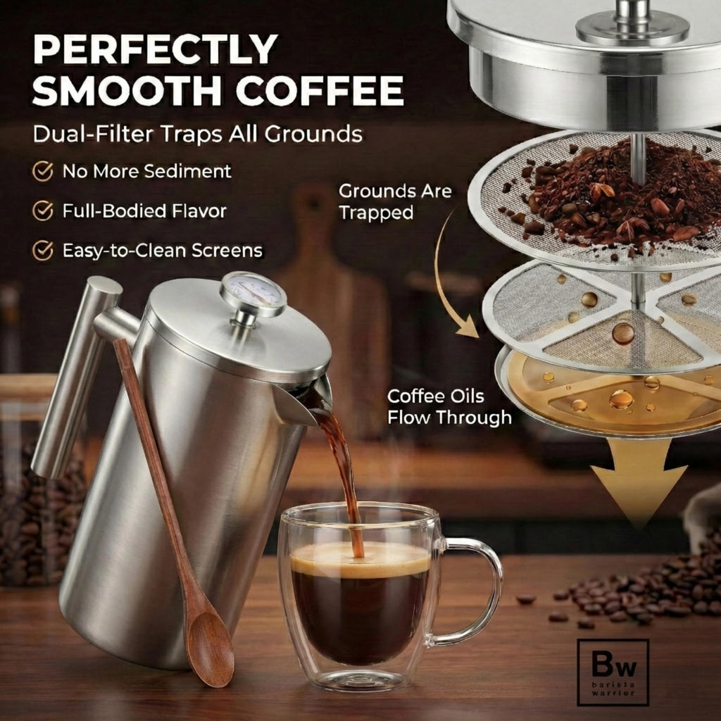 Barista Warrior French Press Coffee Maker - Double-Wall Stainless Steel Insulated French Press with Built-In Thermometer, Dual Filters Coffee Maker with Wooden Spoon - Silver
