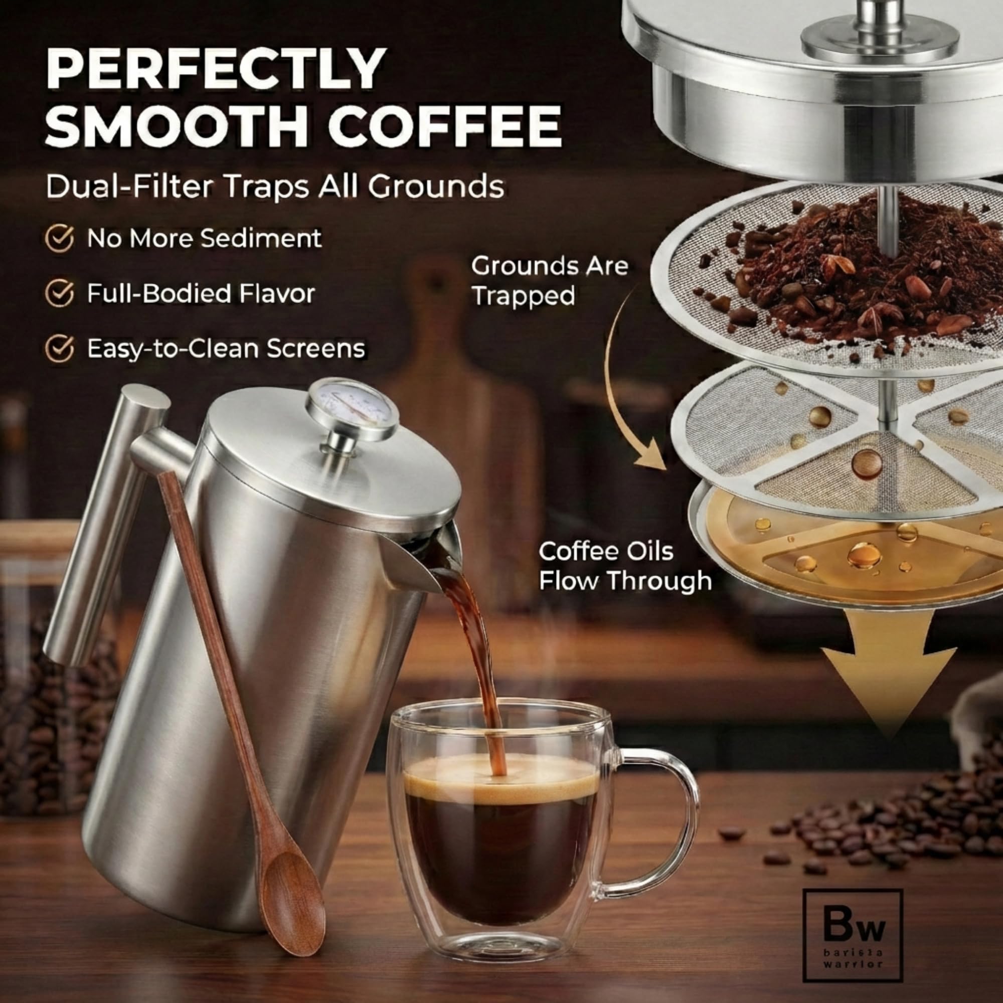 Barista Warrior French Press Coffee Maker - Double-Wall Stainless Steel Insulated French Press with Built-In Thermometer, Dual Filters Coffee Maker with Wooden Spoon - Silver