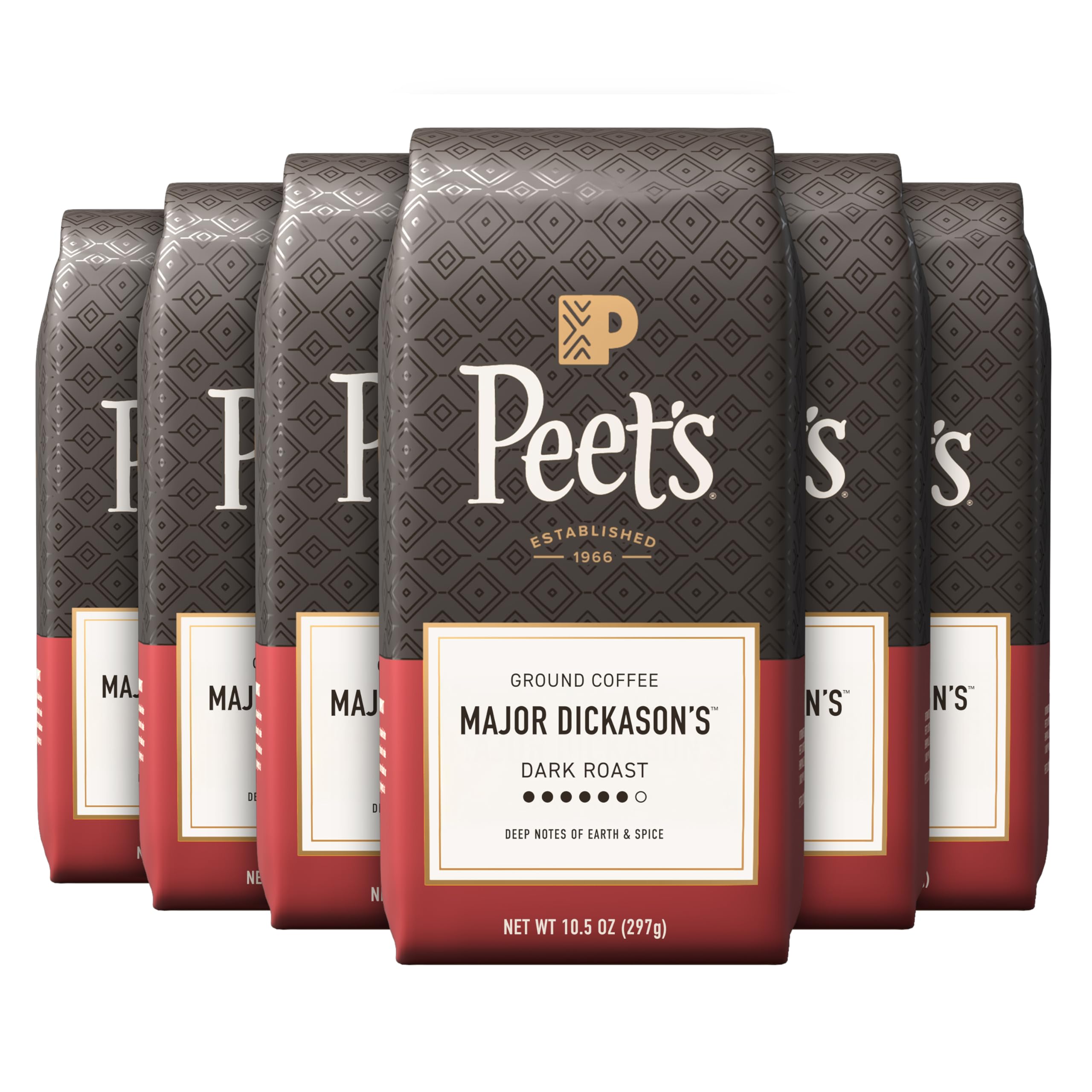 Peet's Coffee, Dark Roast Ground Coffee, 100% Arabica Coffee - Major Dickason's Blend 63 Ounces (6 Bags of 10.5 Ounces)