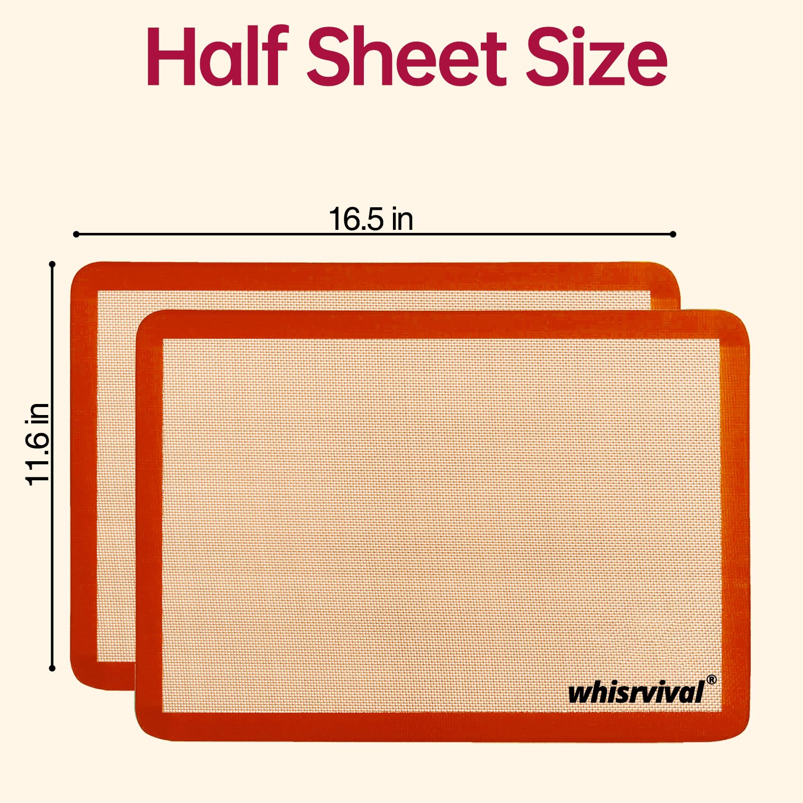 whisrvival Silicone Baking Mat, Reusable Silicone Baking Sheets for Oven, 2Pcs Half Sheet(16.5"x11.6") Non-Stick (Orange)