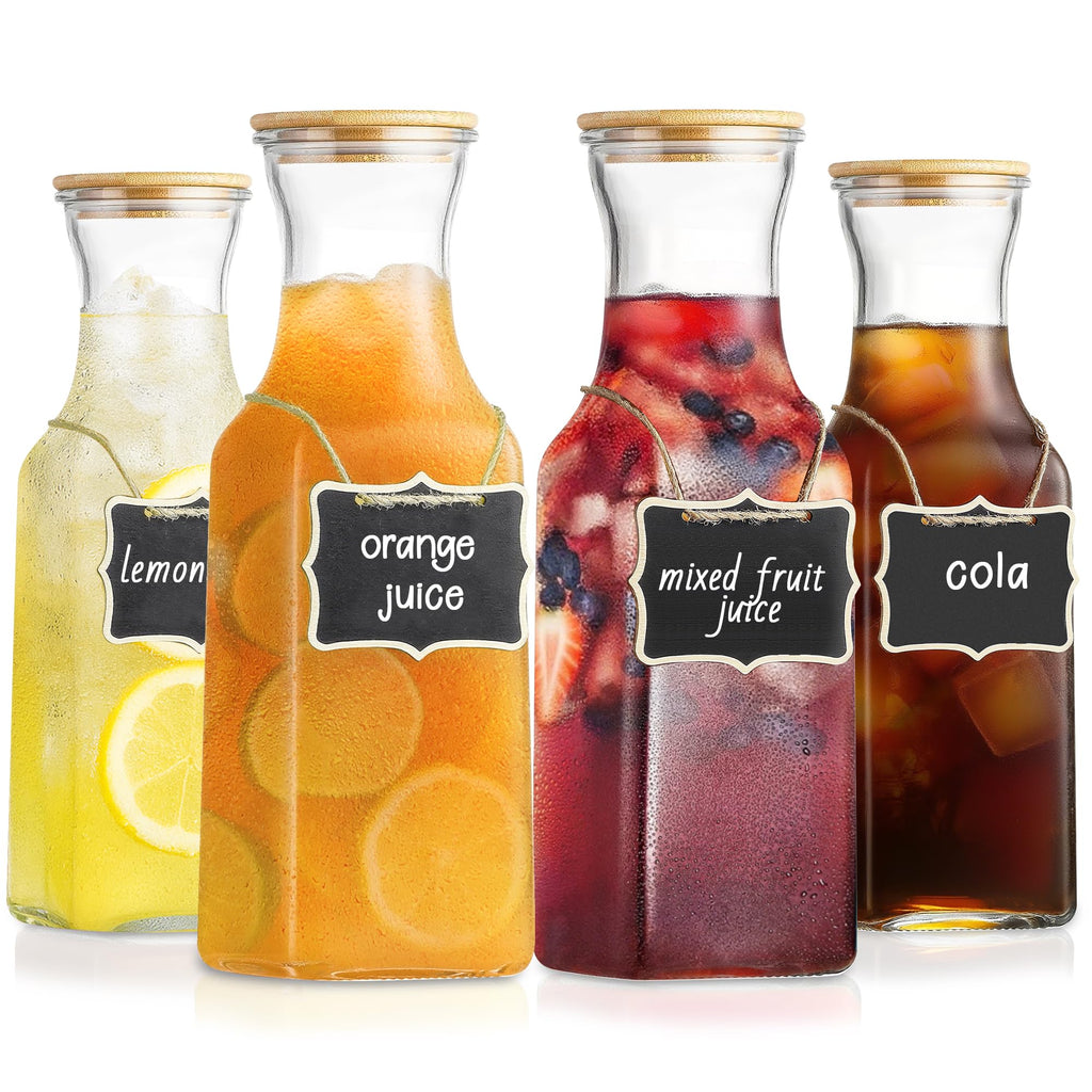 Tinaforld Glass Carafe with Bamboo Lid, Square 35 Oz Beverage Dispensers Carafe, Mimosa Bar Supplies, Round Clear Glass Pitcher with Name Labels for Iced Tea, Coffee, Juice(Set of 6)