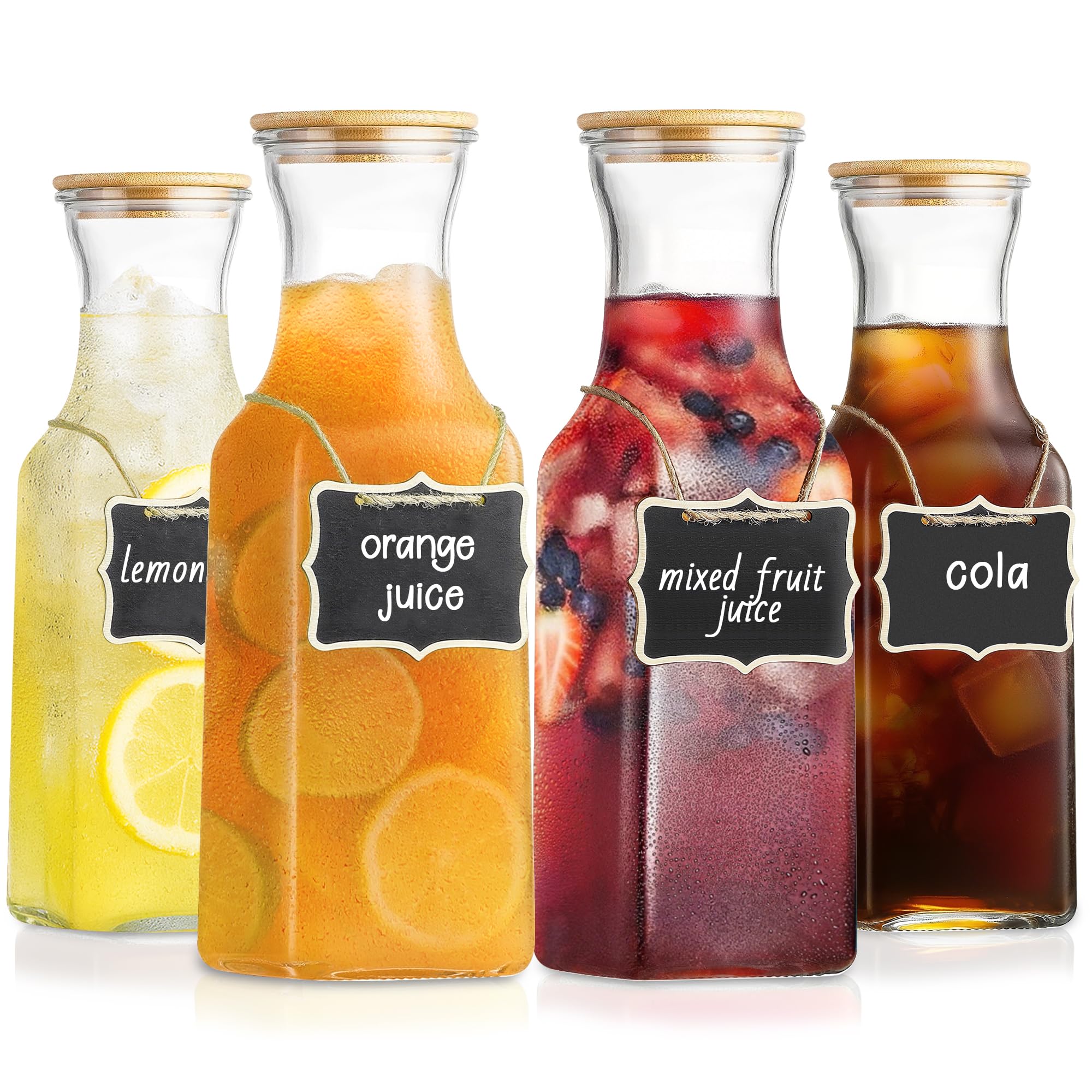 Tinaforld Glass Carafe with Bamboo Lid, Square 35 Oz Beverage Dispensers Carafe, Mimosa Bar Supplies, Round Clear Glass Pitcher with Name Labels for Iced Tea, Coffee, Juice(Set of 6)