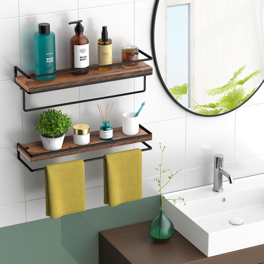 Meangood Floating Shelves Wall Mounted Set of 2, Towel Bar Rustic Wood Wall Storage Shelves for Bedroom,Living Room,Bathroom, Kitchen Rustic Brown