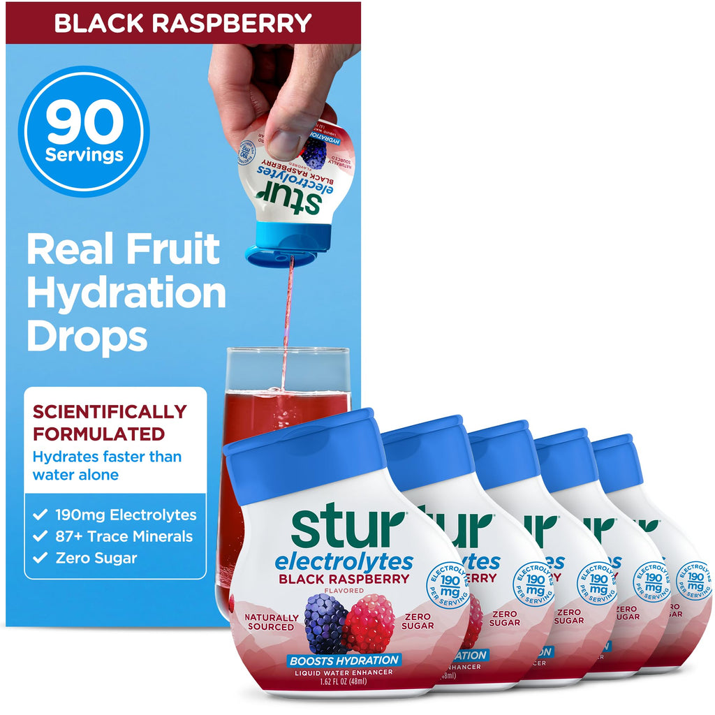 Stur Electrolyte Water Enhancer | Sweetened with Stevia | High in Antioxidant Vitamin C | Sugar Free | Zero Calories | Keto | Vegan | 5 Bottles, Makes 90 Drinks (Black Raspberry)