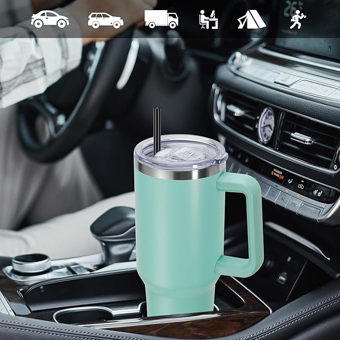 DOMICARE 40 oz Tumbler with Handle and Straw, Stainless Steel Tumbler with Lid and Straw, Reusable Vacuum Insulated Cup, Travel Coffee Mug, Mint Green, 4Pack