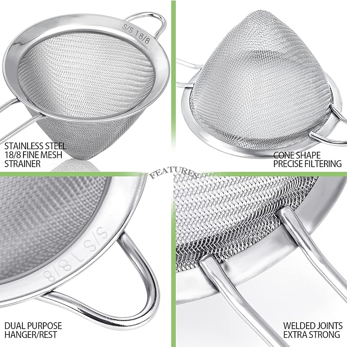 2 Pack Stainless Steel 18/8 Small Food Strainer, Fine Mesh Sieve with Long Handle, Cocktail Strainer For Cocktails, Tea Herbs, Coffee & Drinks, Rust Proof & Great as Tea Strainer, 3.5inch