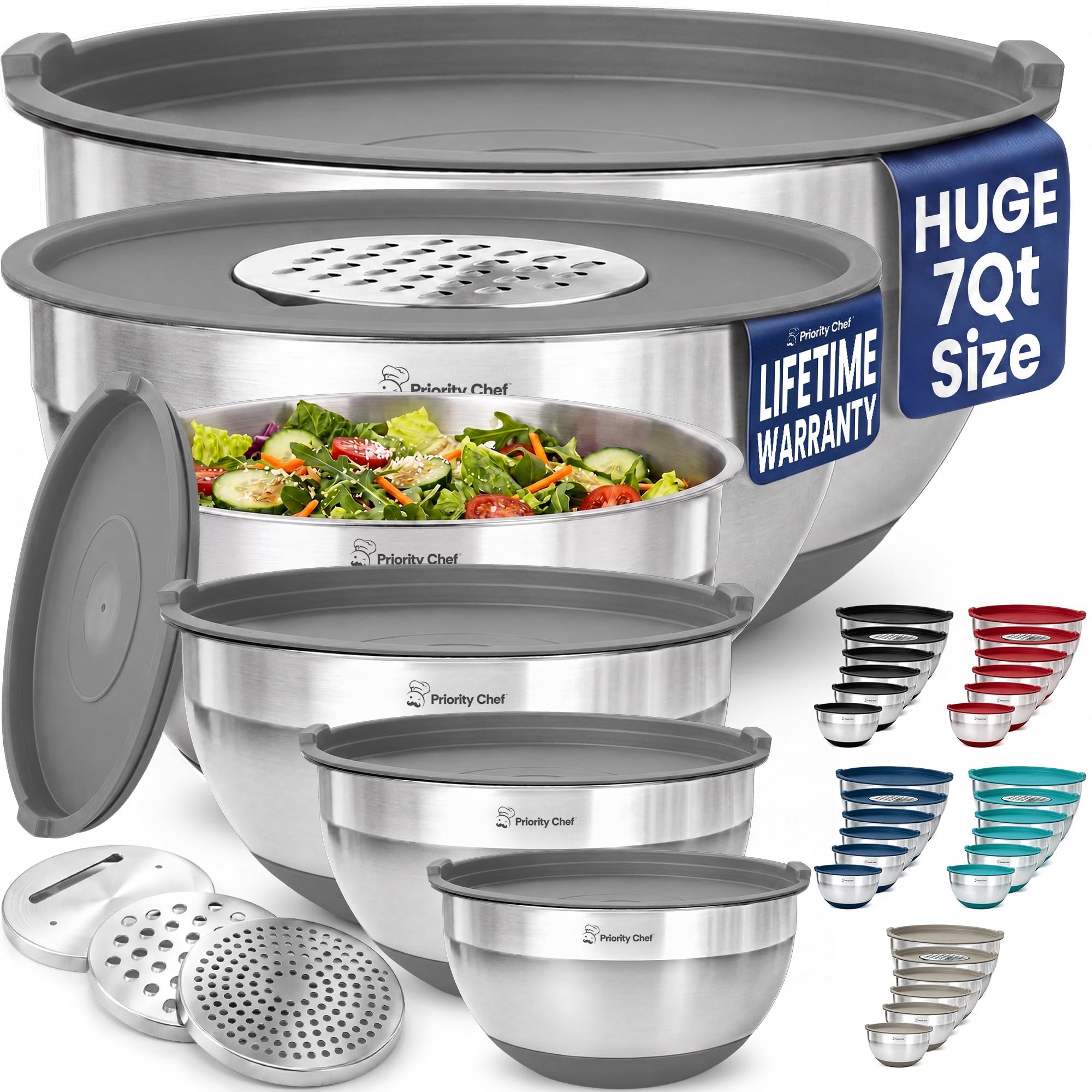 Priority Chef 6pc Stainless Steel Mixing Bowls with Lids Set, 7 Qt, Grey