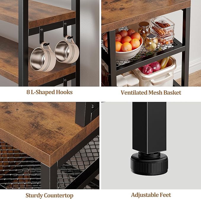 EnHomee Bakers Rack with Power Outlet, 6 Tier Microwave Stand, Coffee Bar Organizer with 8 L-Shaped Hooks, Kitchen Shelves with Storage, 14.1 x 30.1 x 63.1 Inches, Rustic Brown