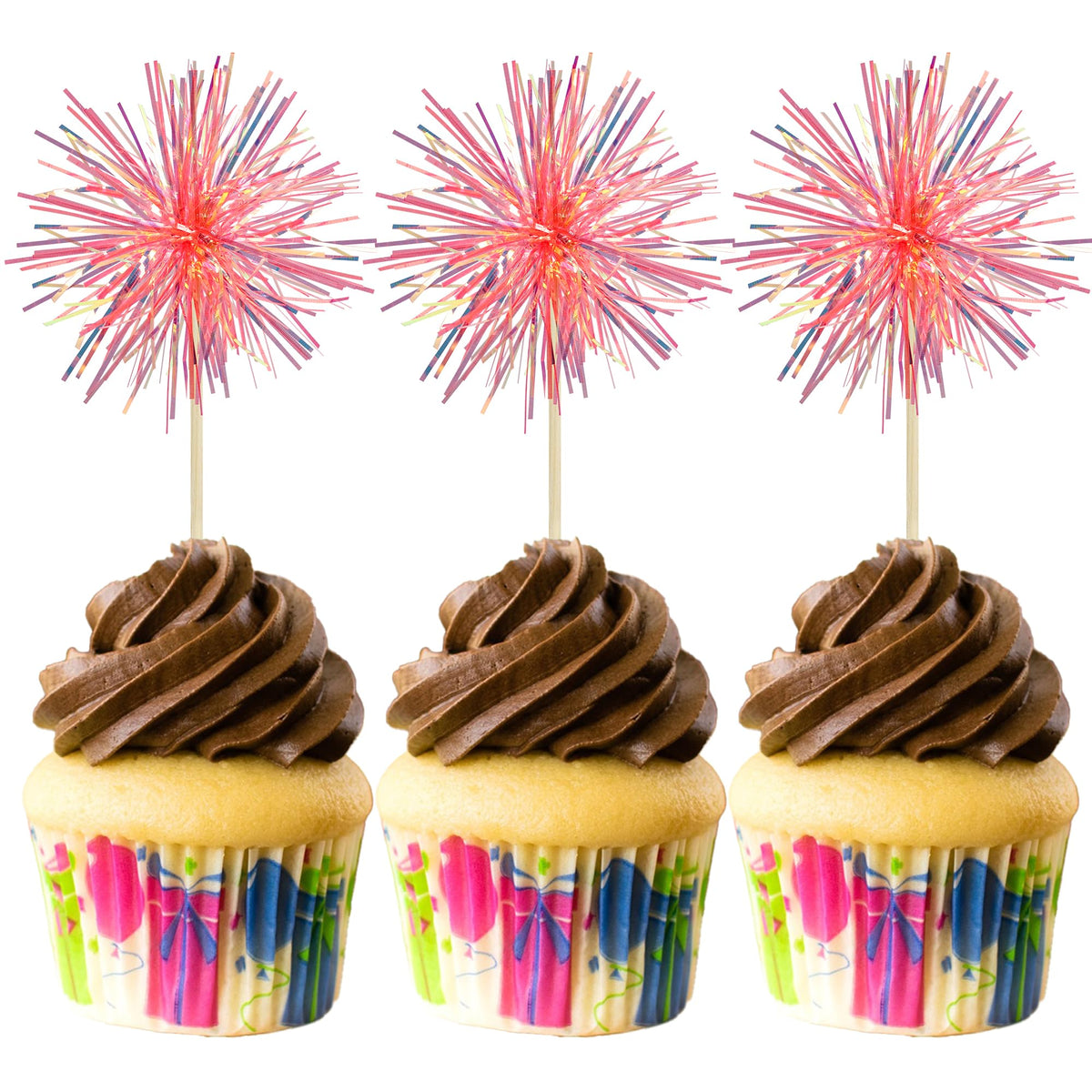 Gyufise 30Pcs Foil Firework Cupcake Toppers Sparkle Tinsel Cake Toppers Tinsel Drink Cake Decoration Cocktail Picks for Birthday Wedding Graduation Party Supplies Dark Blue