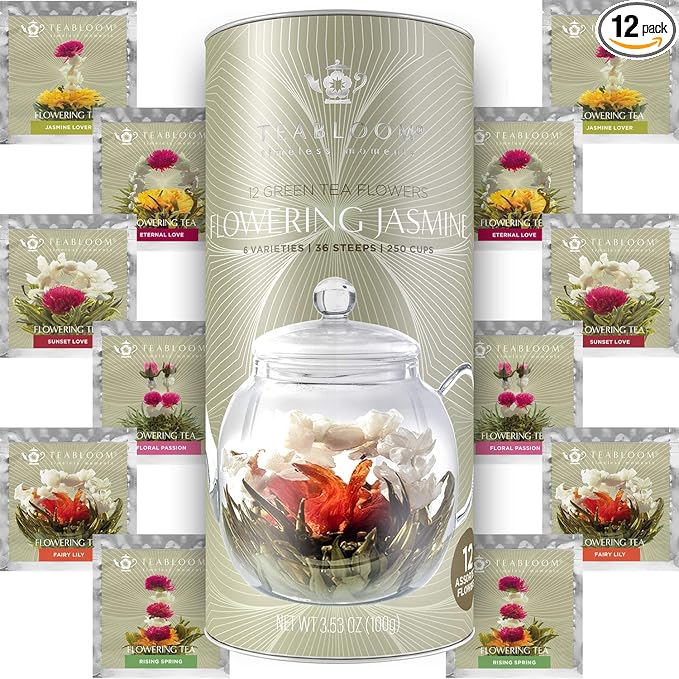 Teabloom Jasmine Flowering Tea – Hand Tied Green Tea Leaves + Jasmine Blossoms Flowering Tea Creations – Blooming Tea Gift Set – 12-Pack, 36 Steeps, Makes 250 Cups