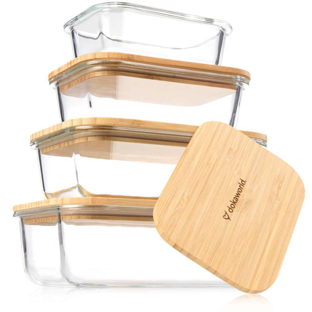 dokaworld Set of 4 Stackable Space-Saving Nesting Glass Containers with Airtight Bamboo Lids - Lunch, Meal & Food Prep - Microwave & Oven Safe BPA Free Durable Heat Resistant Inert Borosilicate Glass