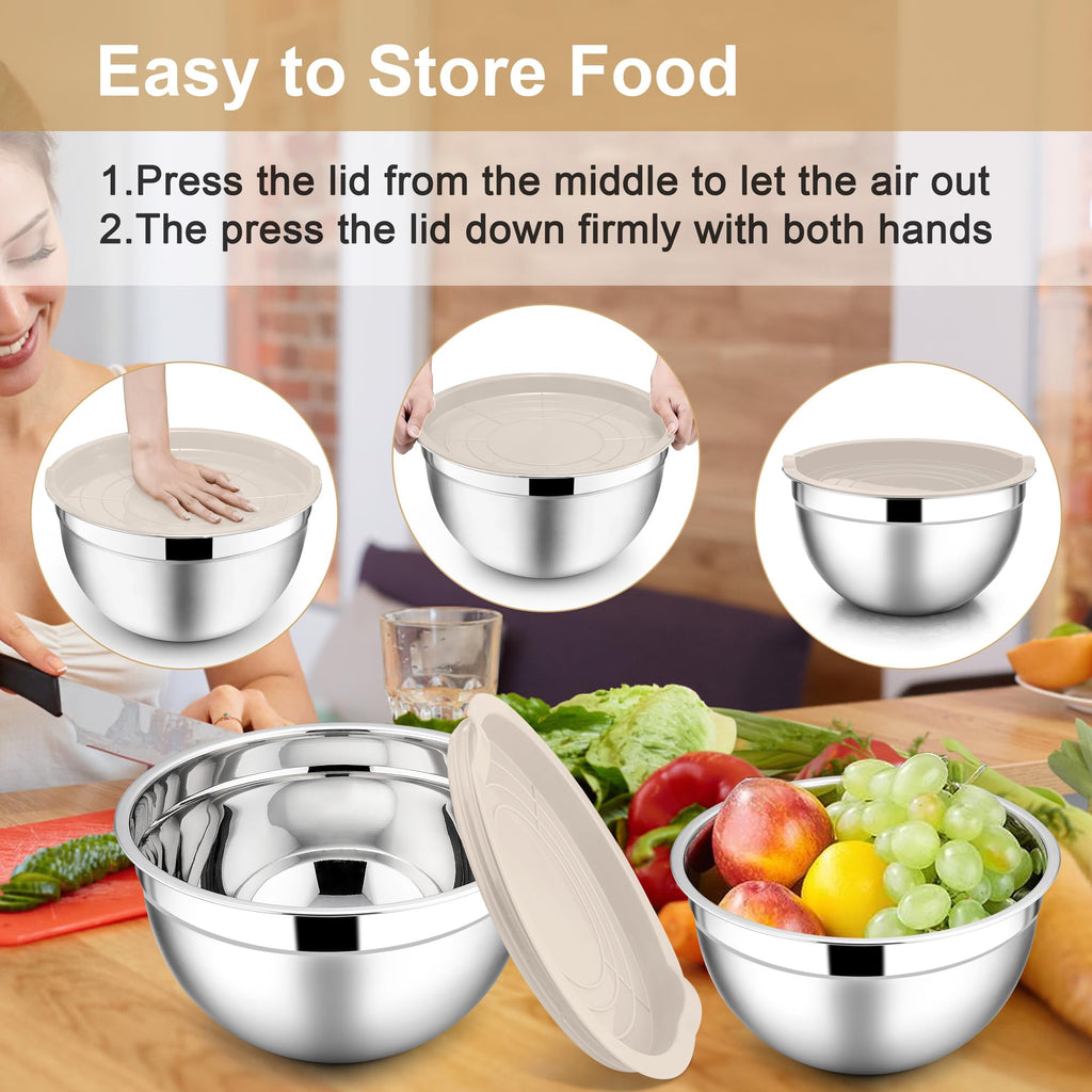 E-far Mixing Bowls with Lids, 6-Piece Stainless Steel Salad Bowls Metal Nesting Bowls for Baking Cooking and Prepping, Airtight Lids & Stackable Design, Size 4.5, 3, 1.5 QT (Khaki)