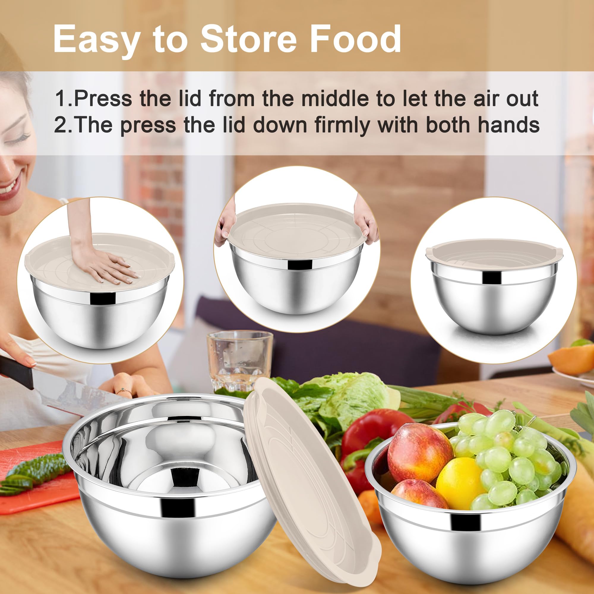 E-far Mixing Bowls with Lids, 6-Piece Stainless Steel Salad Bowls Metal Nesting Bowls for Baking Cooking and Prepping, Airtight Lids & Stackable Design, Size 4.5, 3, 1.5 QT (Khaki)