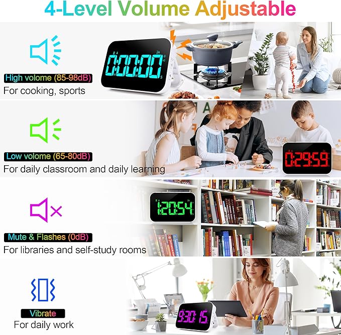 Kitchen Timer for Cooking, 10 RGB Color Rechargeable Digital Magnetic KidsTimer with Voice Reminder, Countdown/Up, 5”LED Display 3 Brightness 4 Volume Adjustable for Kids Classroom Home Gym-RGB