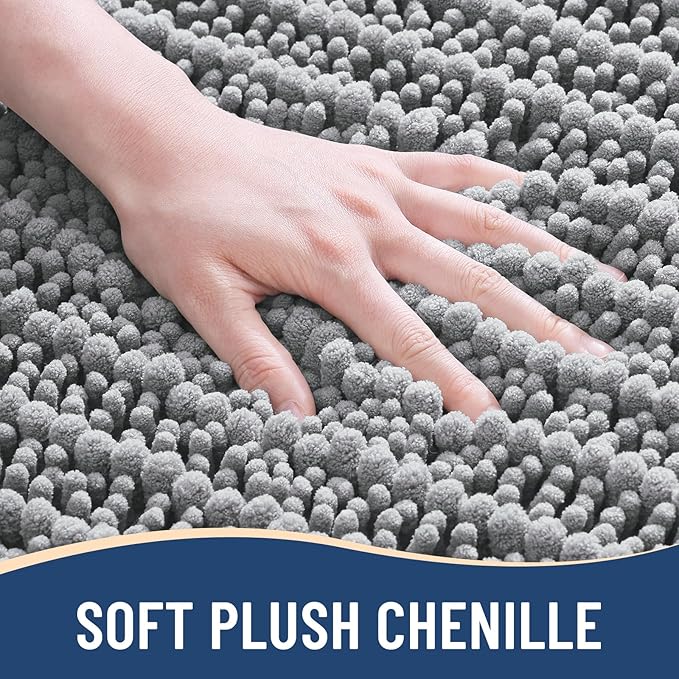 Arotive Luxury Chenille Bathroom Rug Mat, Extra Soft Thick Absorbent Shaggy Bath Rugs, Non-Slip Machine Wash Dry, Plush Bath Mats for Bathroom, Shower and Tub, 60x24, Light Grey