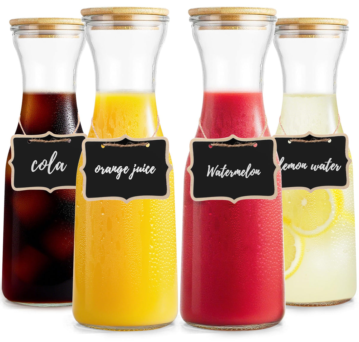Tinaforld Glass Carafe with Bamboo Lid, Square 35 Oz Beverage Dispensers Carafe, Mimosa Bar Supplies, Round Clear Glass Pitcher with Name Labels for Iced Tea, Coffee, Juice(Set of 6)