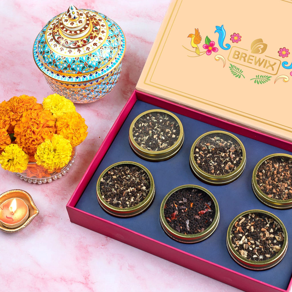 BREWIX, Discover India Premium Black Tea Christmas Gift Box (6.34oz/90+ Cups) | Tea Gift Sets For Tea Lover | 6 Unique Chai Teas | Best for Birthdays, Anniversaries & Holidays
