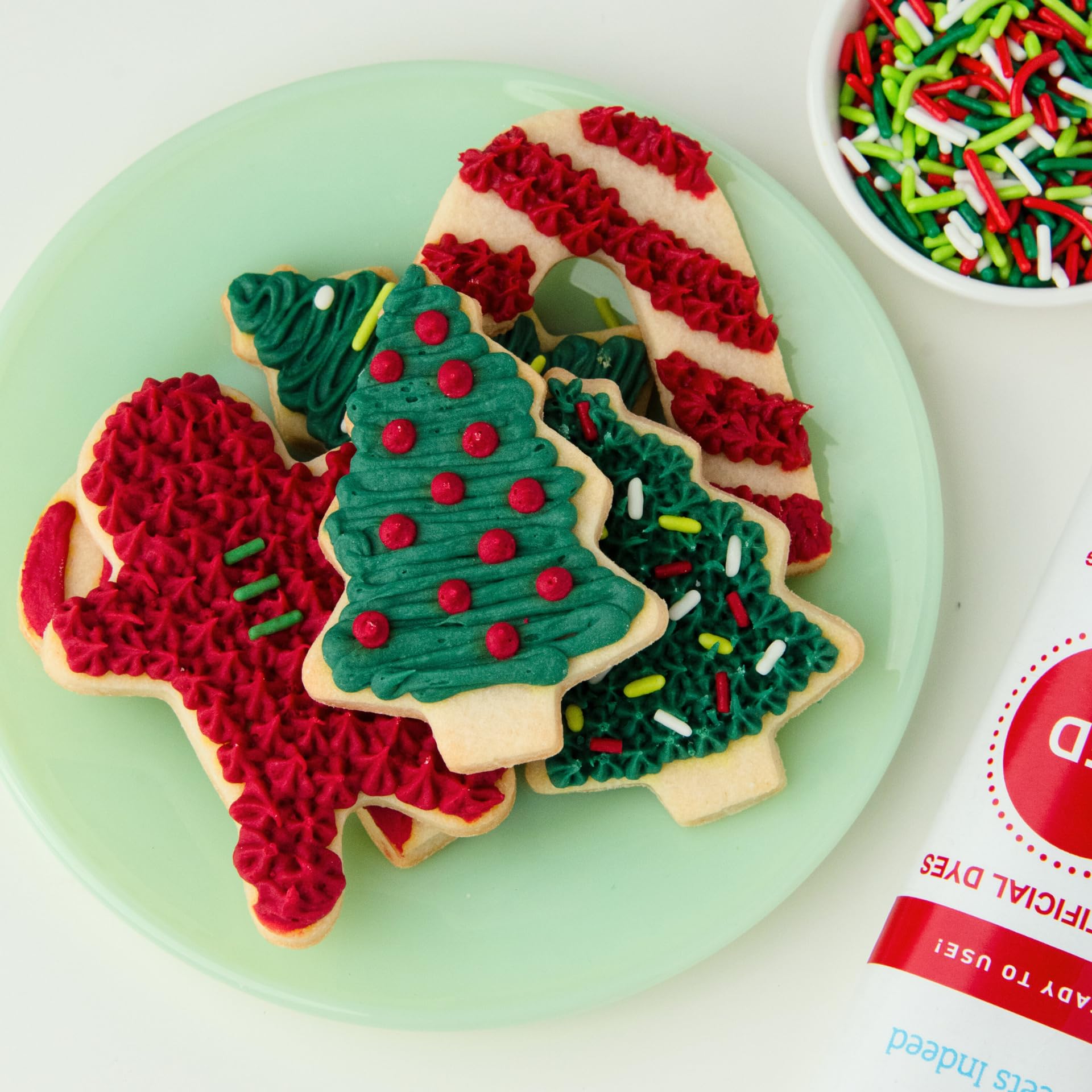 Sweets Indeed Dye-Free Holiday Frosting & Decorating Kit – 8.21 oz | Red & Green Frosting Tubes with 2 Piping Tips and 2 oz Dye-Free Sprinkle Mix | Christmas Cookie Decorating & Holiday Baking Set